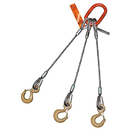 Hsi Three Leg Wire Rope Sling, 7/16 in dia, 18 ft Length, Eye Hoist Hook, 5 ton Capacity, Domestic 300EH7/16XD-18